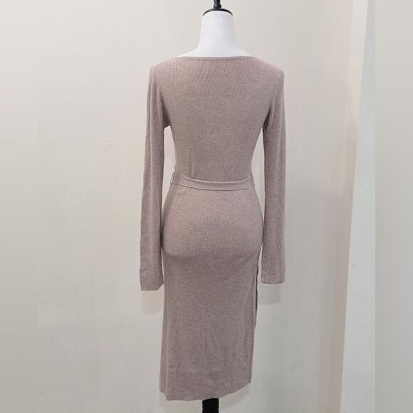 All Row Ribbed Knit Sweater Dress L | Mauve Midi Wool Cozy Soft Tie Waist NWOT - Picture 3 of 10